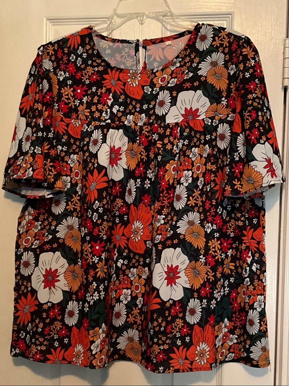 Floral Puff-Sleeve Women’s Top in Black and Orange